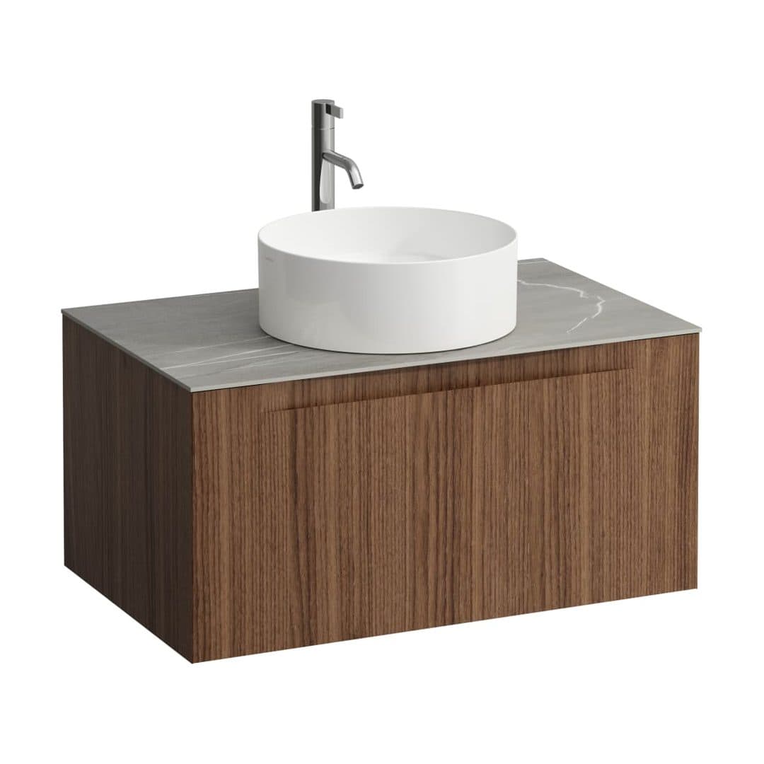 Laufen ARUN – Έπιπλο Νιπτήρα – 805 mm, 1 συρτάρι, πάγκος Piasentina Grigio, κεντρικό άνοιγμα, με οπή μπαταρίας – Noce canaletto - Real wood veneer (H4161051516301)