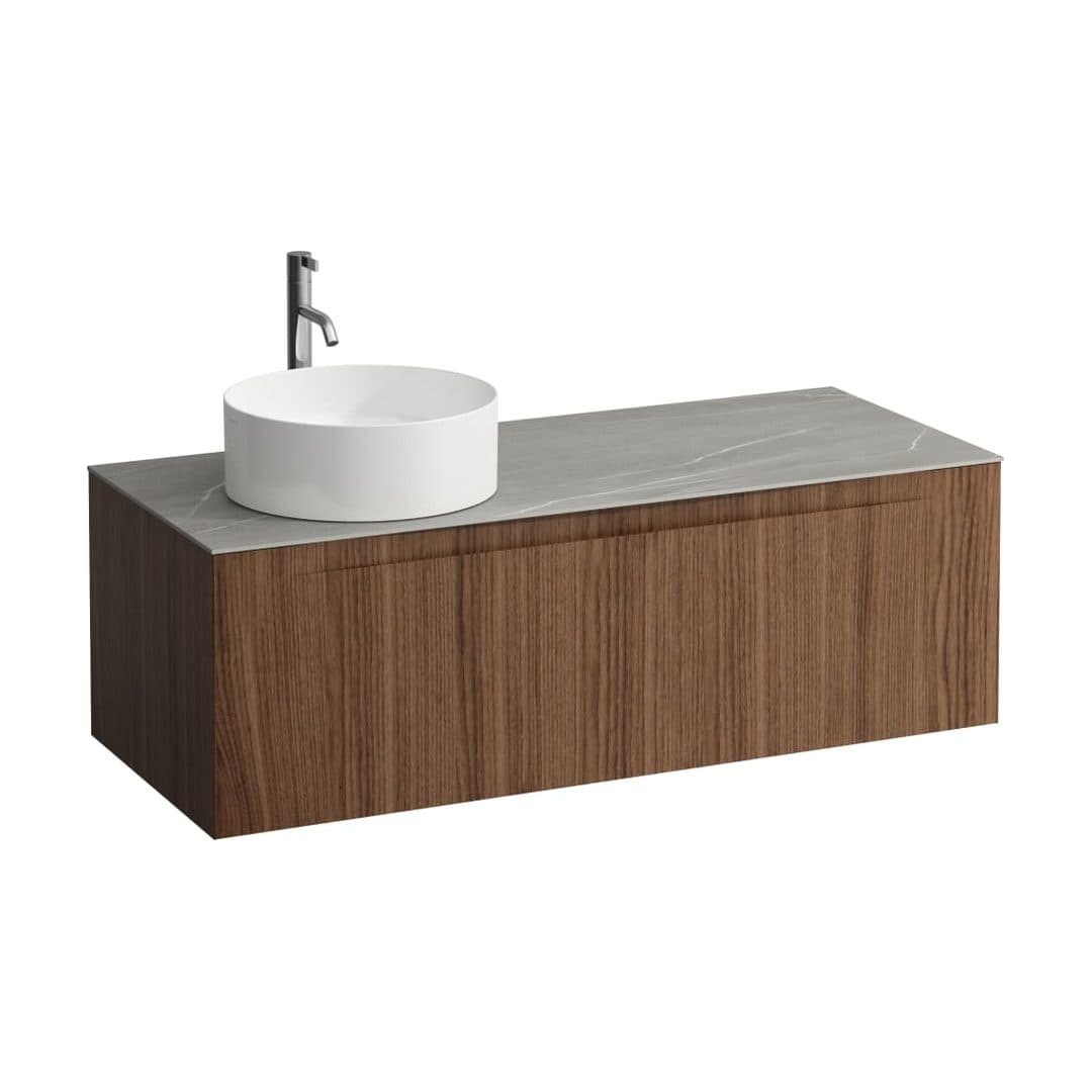Laufen ARUN – Έπιπλο Νιπτήρα – 1205 mm, 1 συρτάρι, πάγκος Piasentina Grigio, άνοιγμα αριστερά, με οπή μπαταρίας – Noce canaletto - Real wood veneer (H4161261516301)
