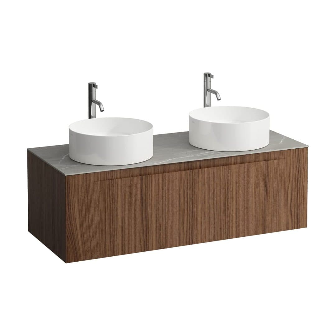 Laufen ARUN – Έπιπλο Νιπτήρα – 1205 mm, 1 συρτάρι, πάγκος Piasentina Grigio, ανοίγματα αριστερά & δεξιά, με οπή μπαταρίας – Noce canaletto - Real wood veneer (H4161291516301)