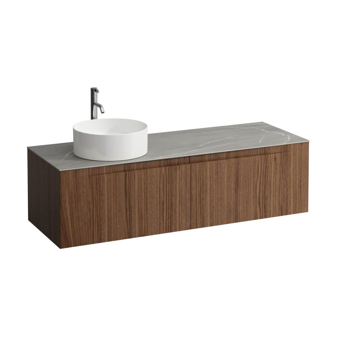Laufen ARUN – Έπιπλο Νιπτήρα – 1405 mm, 2 συρτάρια, πάγκος Piasentina Grigio, άνοιγμα αριστερά, με οπή μπαταρίας – Noce canaletto - Real wood veneer (H4161361516301)
