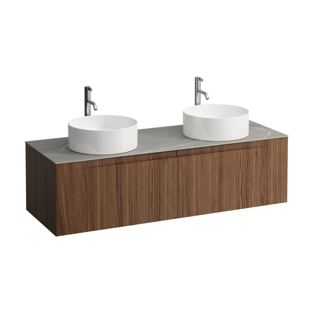 Laufen ARUN – Έπιπλο Νιπτήρα – 1405 mm, 2 συρτάρια, πάγκος Piasentina Grigio, ανοίγματα αριστερά & δεξιά, με οπή μπαταρίας – Noce canaletto - Real wood veneer (H4161391516301)