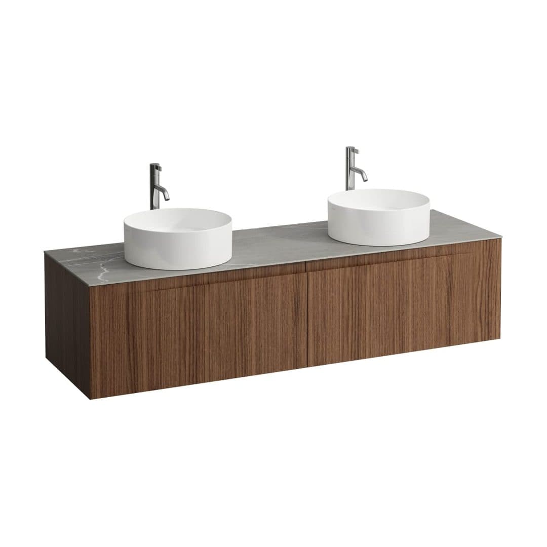 Laufen ARUN – Έπιπλο Νιπτήρα – 1605 mm, 2 συρτάρια, πάγκος Piasentina Grigio, ανοίγματα αριστερά & δεξιά, με οπή μπαταρίας – Noce canaletto - Real wood veneer (H4161491516301)