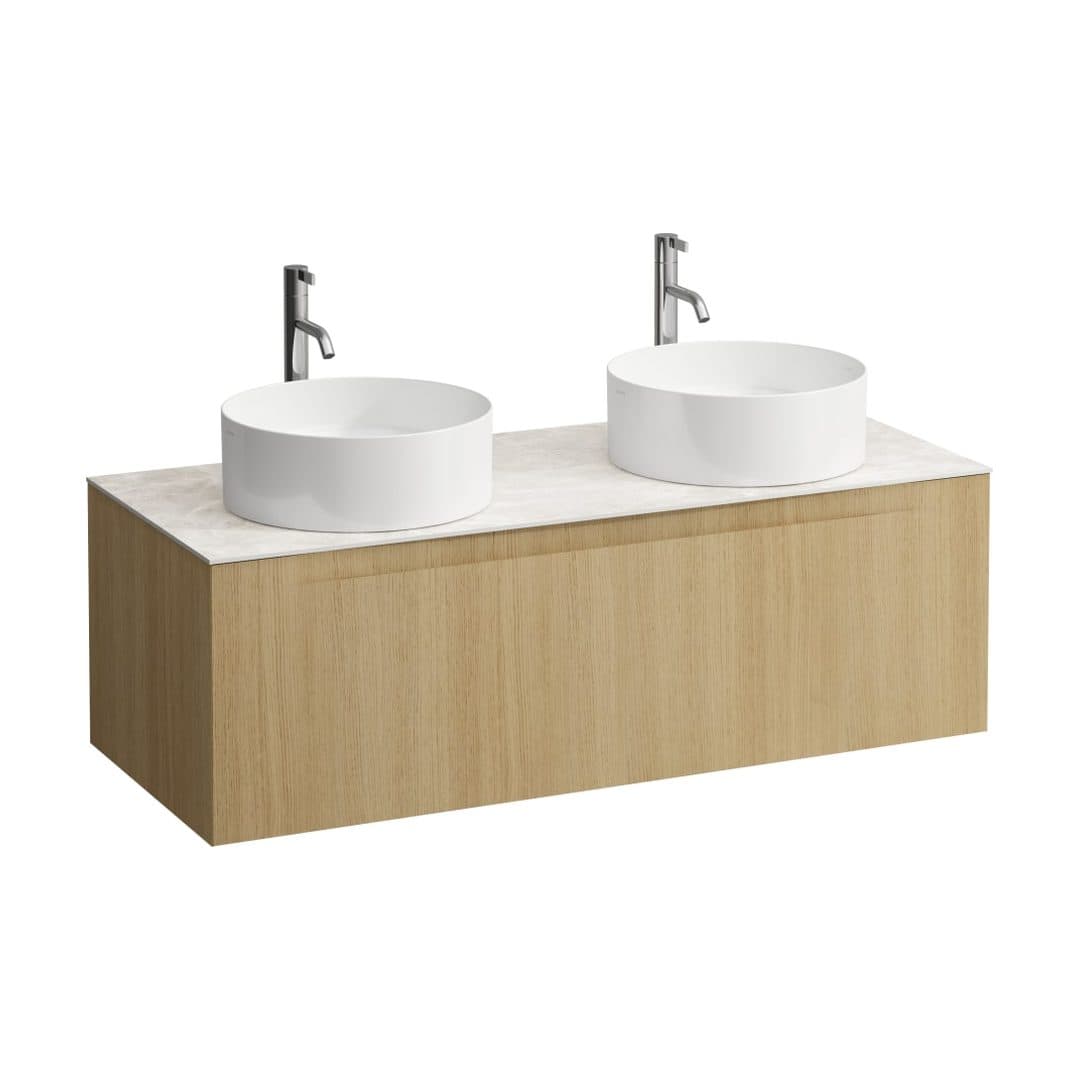 Laufen ARUN – Έπιπλο Νιπτήρα – 1205 mm, 1 συρτάρι, πάγκος Botticino Crema, ανοίγματα αριστερά & δεξιά, με οπή μπαταρίας – Light oak (H4171291512501)