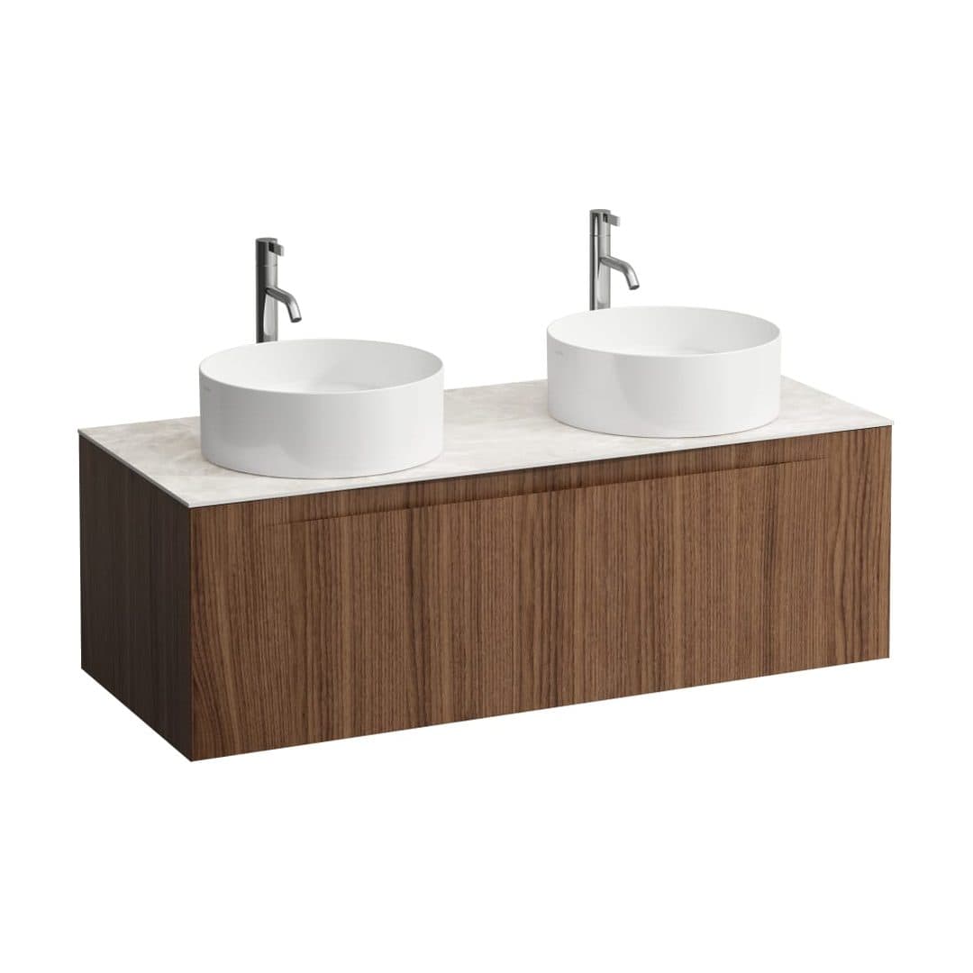 Laufen ARUN – Έπιπλο Νιπτήρα – 1205 mm, 1 συρτάρι, πάγκος Botticino Crema, ανοίγματα αριστερά & δεξιά, με οπή μπαταρίας – Noce canaletto - Real wood veneer (H4171291516301)