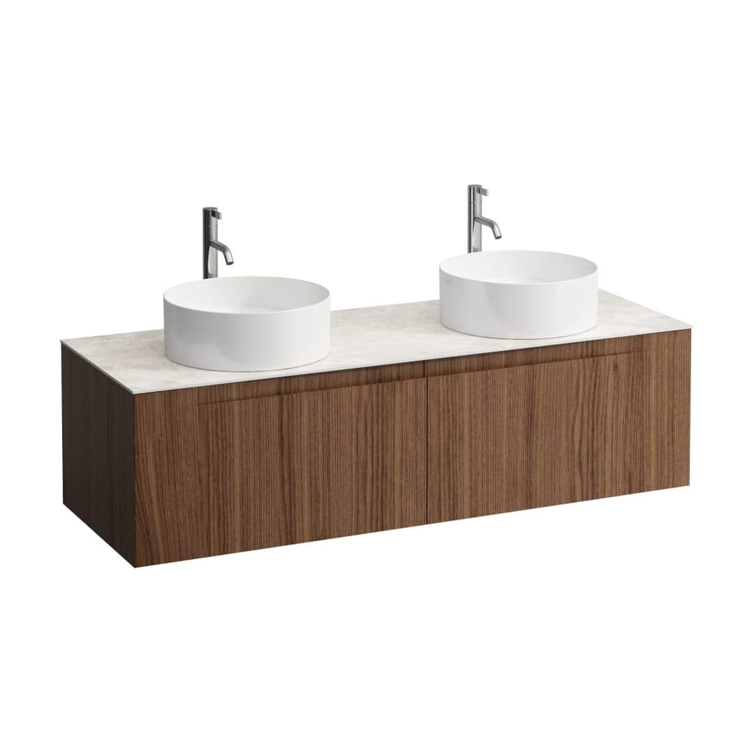 Laufen ARUN – Έπιπλο Νιπτήρα – 1405 mm, 2 συρτάρια, πάγκος Botticino Crema, ανοίγματα αριστερά & δεξιά, με οπή μπαταρίας – Noce canaletto - Real wood veneer (H4171391516301)