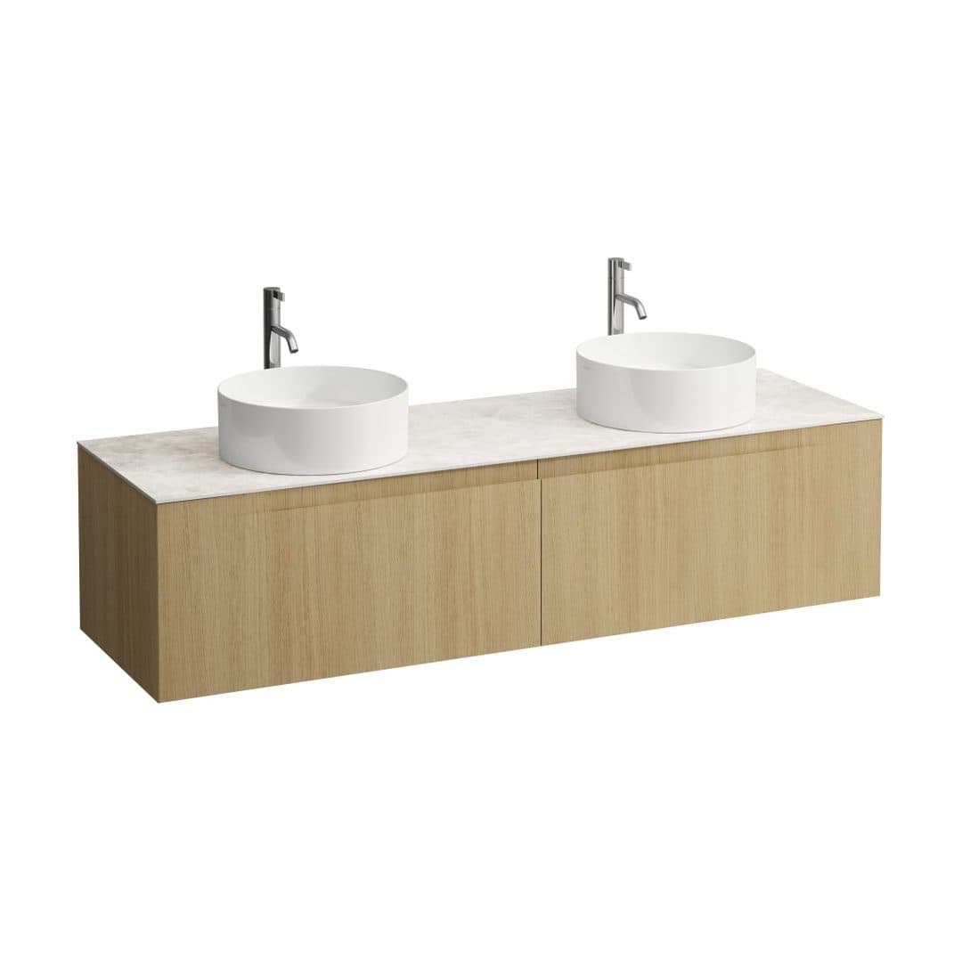 Laufen ARUN – Έπιπλο Νιπτήρα – 1605 mm, 2 συρτάρια, πάγκος Botticino Crema, ανοίγματα αριστερά & δεξιά, με οπή μπαταρίας – Light oak (H4171491512501)