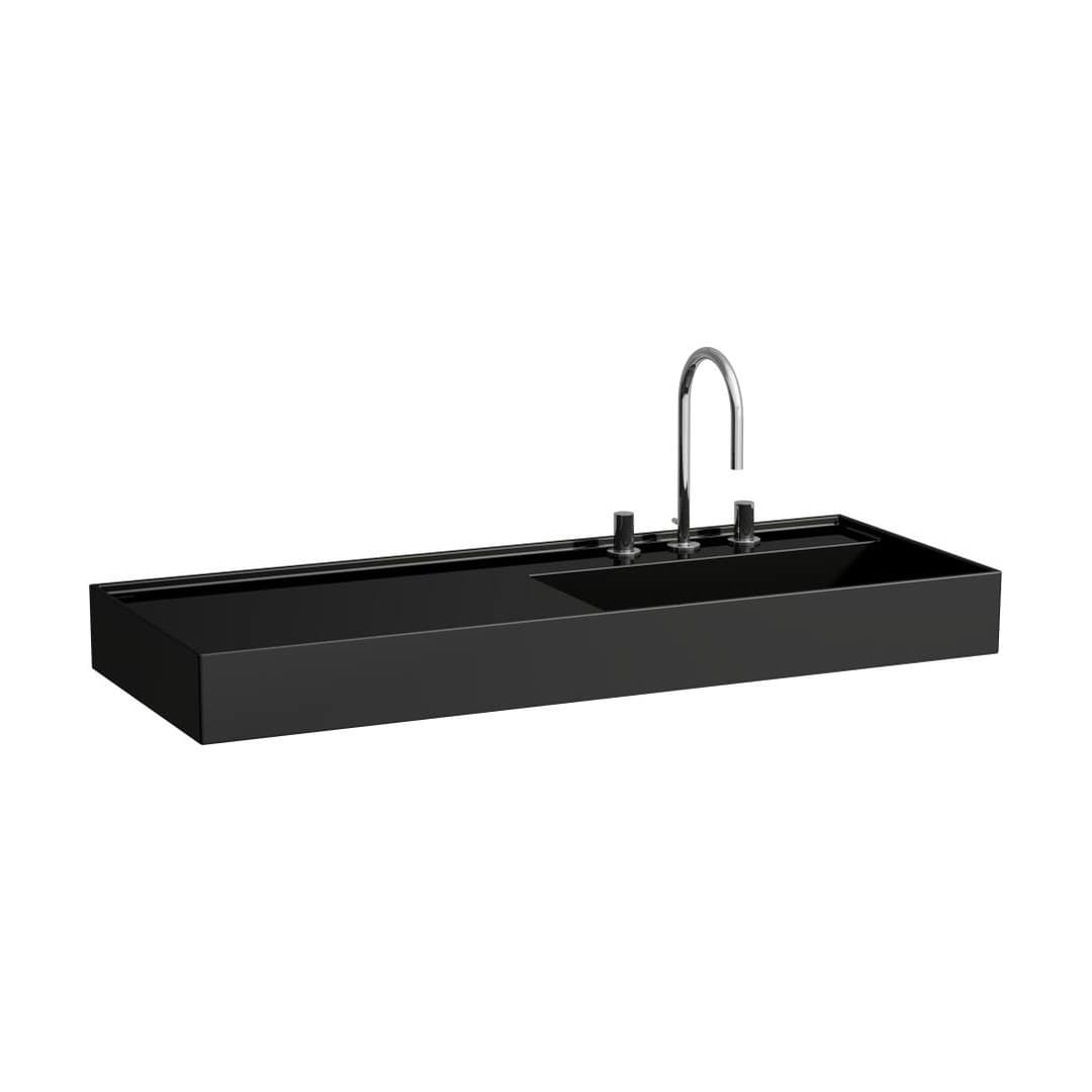 Laufen Kartell LAUFEN – Νιπτήρας Κρεμαστός – 1200×460 mm, 3 οπές, χωρίς υπερχείλιση, ράφι αριστερά, κρυφή αποχέτευση – Black glossy (H8133330201581)