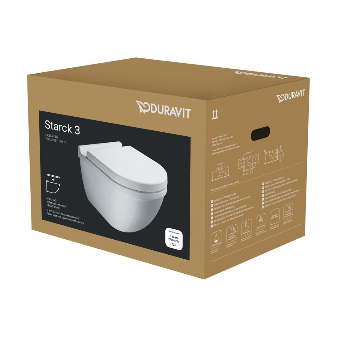 Duravit Starck 3 – Λεκάνη Κρεμαστή – 370×540 mm, σετ με κάθισμα – White High Gloss (42250900A1)