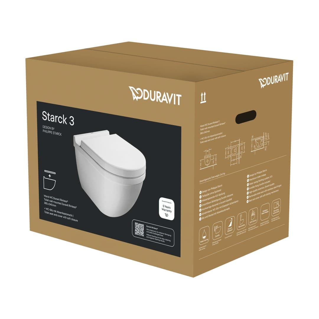 Duravit Starck 3 – Λεκάνη Κρεμαστή – 370×540 mm, Rimless, σετ με κάθισμα – White High Gloss (45270900A1)
