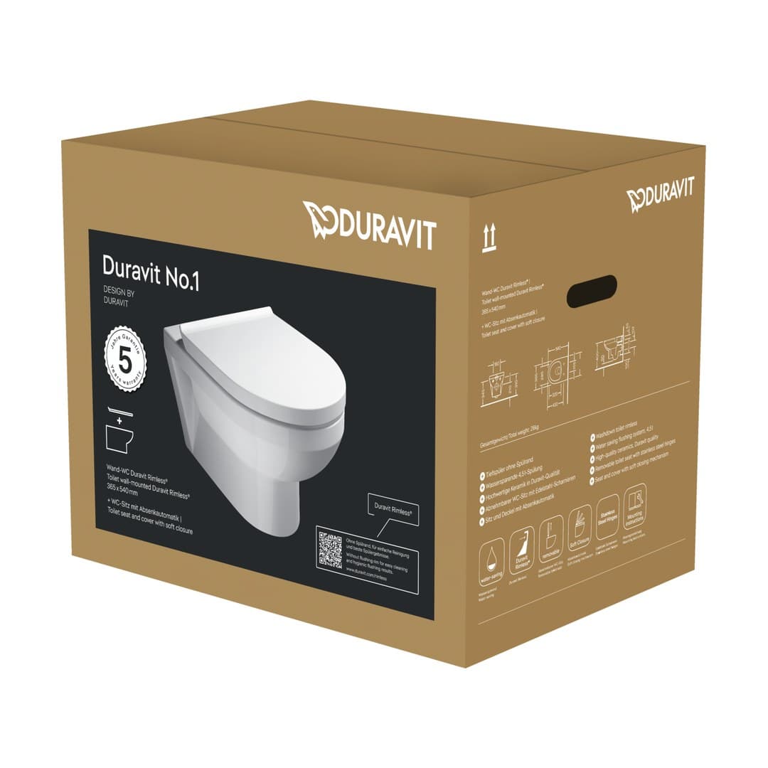 Duravit Duravit No.1 – Λεκάνη Κρεμαστή – 373×540 mm, Rimless, σετ με κάθισμα – White High Gloss (45620900A1)