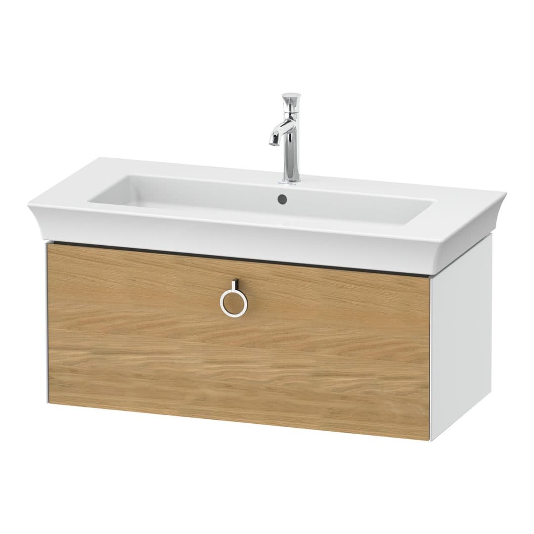 Duravit White Tulip – Έπιπλο Νιπτήρα – 984 mm, 1 συρτάρι, νιπτήρας κέντρο, σώμα White High Gloss, Chrome High Gloss – Natural Oak solid Matt, Solid wood (WT42520H585)