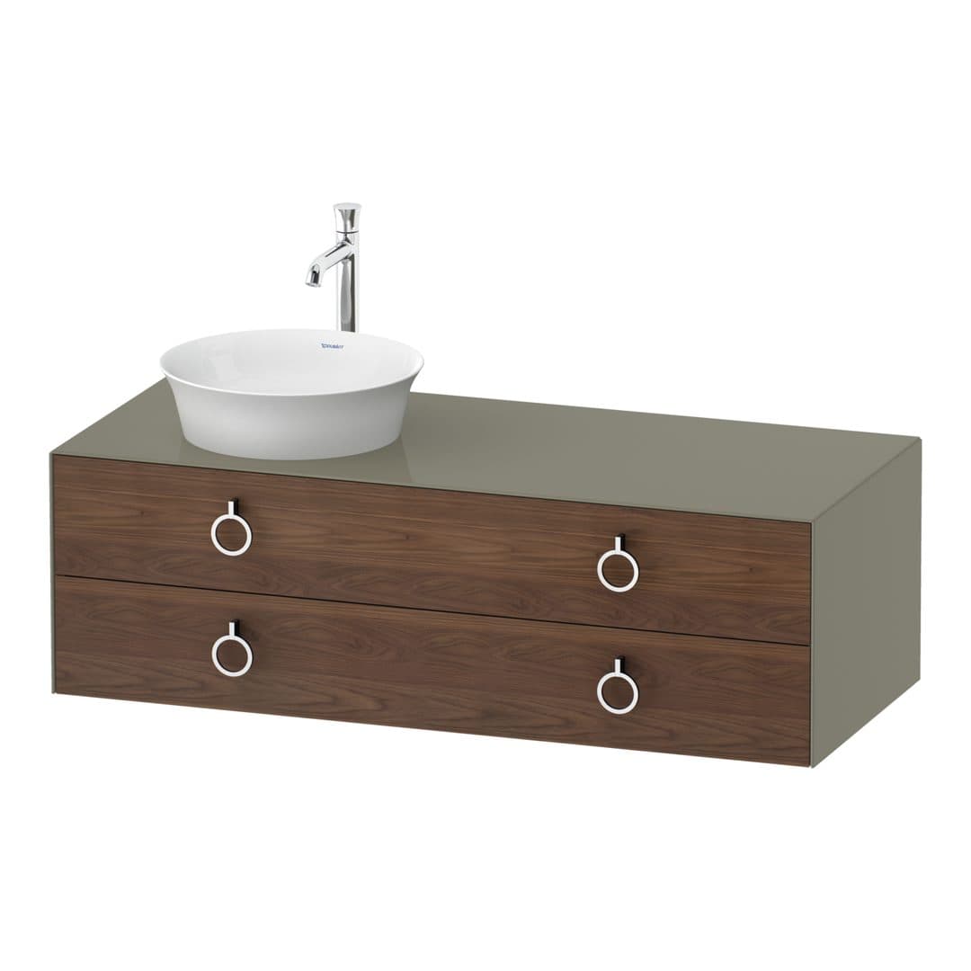 Duravit White Tulip – Έπιπλο Νιπτήρα – 1300 mm, για κονσόλα, 2 συρτάρια, νιπτήρας αριστερά, σώμα Stone grey High Gloss, Chrome High Gloss – American walnut Matt, Solid wood (WT4992L77H2)