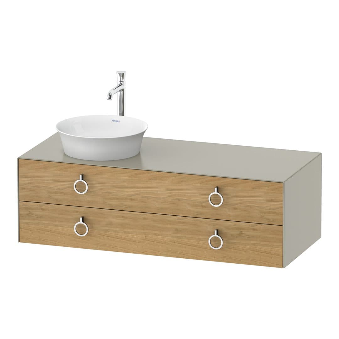 Duravit White Tulip – Έπιπλο Νιπτήρα – 1300 mm, για κονσόλα, 2 συρτάρια, νιπτήρας αριστερά, σώμα Taupe Satin Matt, Chrome High Gloss – Natural Oak solid Matt, Solid wood (WT4992LH560)