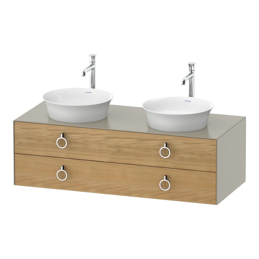 Duravit White Tulip – Έπιπλο Νιπτήρα – 1300 mm, για κονσόλα, 2 συρτάρια, σώμα Taupe Satin Matt, Chrome High Gloss – Natural Oak solid Matt, Solid wood (WT4993BH560)