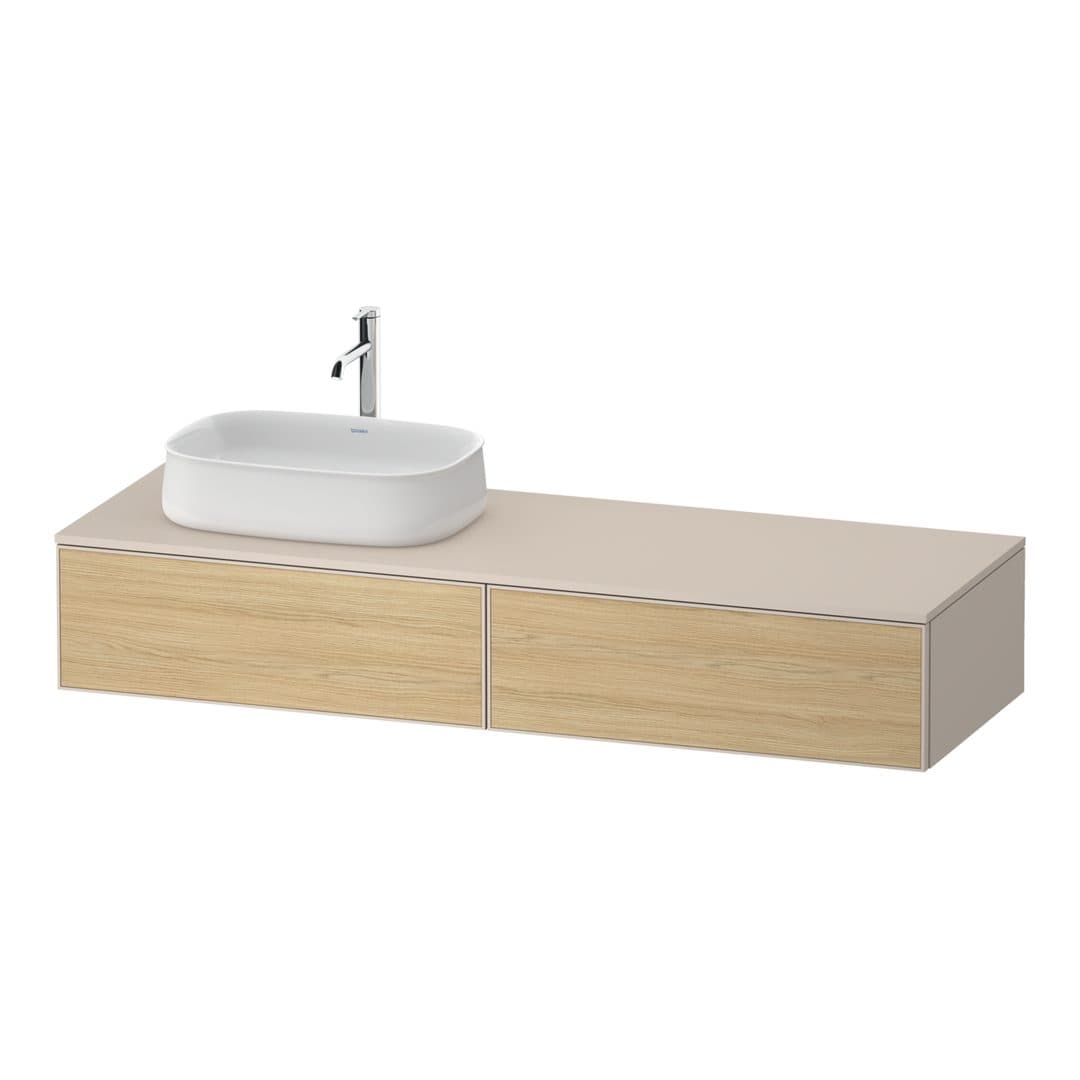 Duravit Zencha – Έπιπλο Νιπτήρα – 1600 mm, για κονσόλα, 2 συρτάρια, νιπτήρας αριστερά, σώμα Taupe Super Matt – Natural oak, Decor (ZE4814L30830000)
