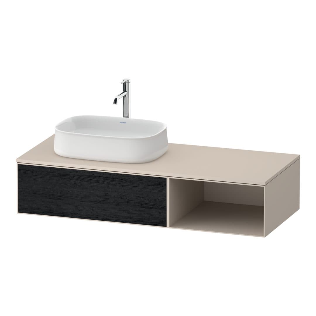 Duravit Zencha – Έπιπλο Νιπτήρα – 1300 mm, για κονσόλα, 1 συρτάρι, νιπτήρας αριστερά, σώμα Taupe Super Matt – Black oak Matt, Decor (ZE4818016830000)