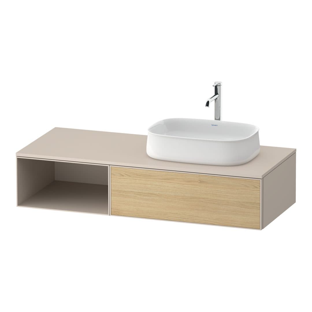 Duravit Zencha – Έπιπλο Νιπτήρα – 1300 mm, για κονσόλα, 1 συρτάρι, νιπτήρας δεξιά, σώμα Taupe Super Matt – Natural oak, Decor (ZE4819030830000)