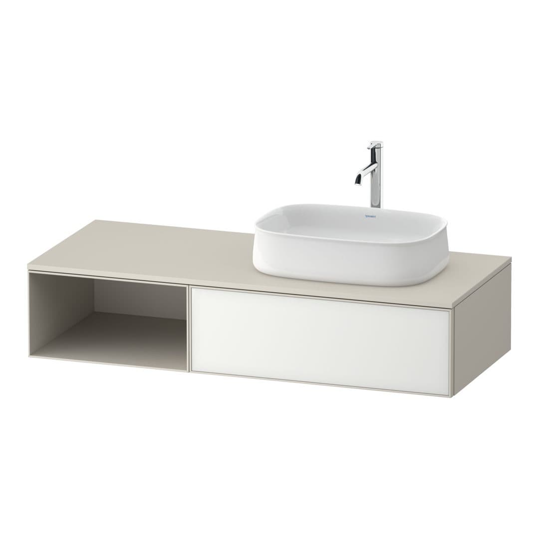 Duravit Zencha – Έπιπλο Νιπτήρα – 1300 mm, για κονσόλα, 1 συρτάρι, νιπτήρας δεξιά, σώμα Taupe Super Matt – White, Glass (ZE4819064830000)