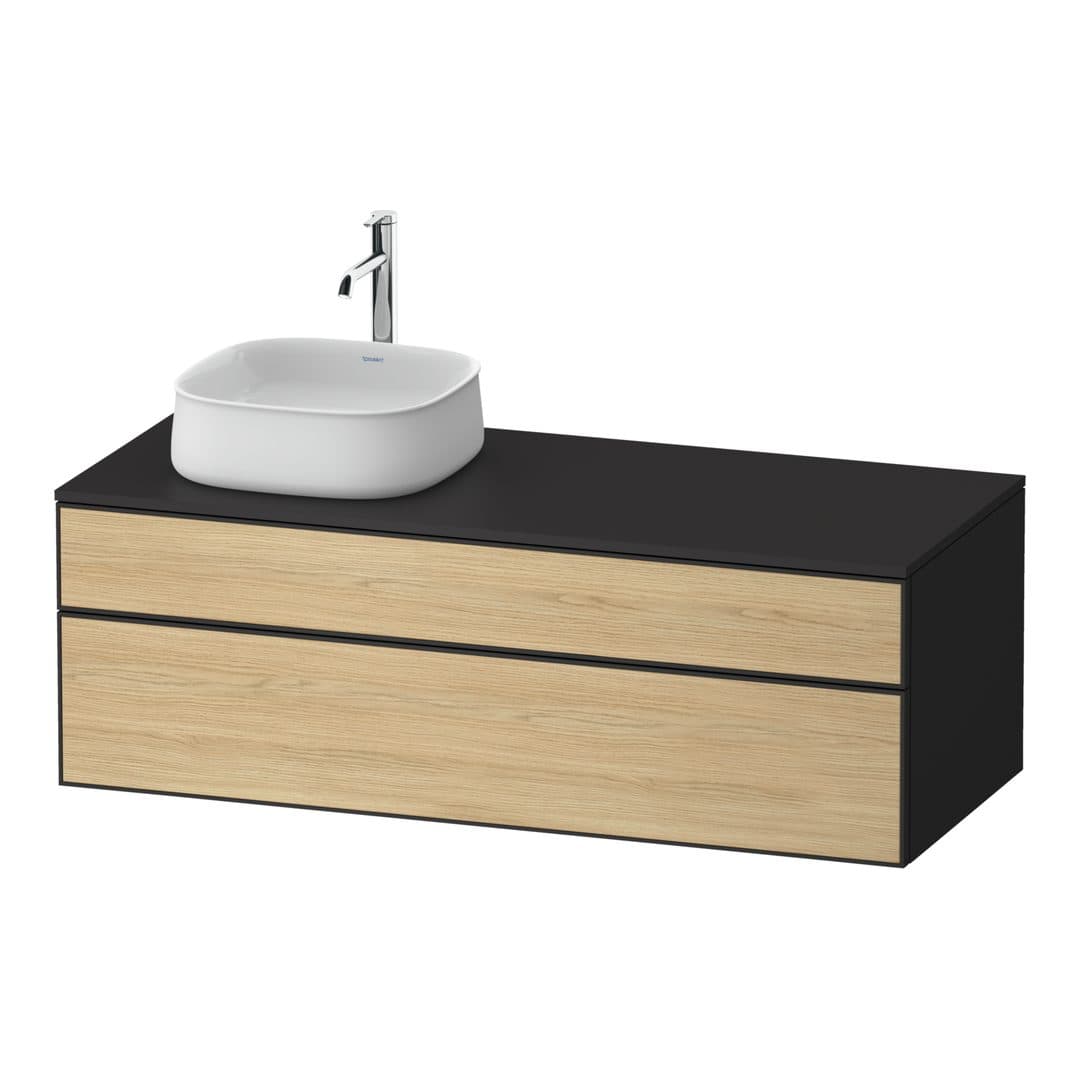 Duravit Zencha – Έπιπλο Νιπτήρα – 1300 mm, για κονσόλα, 2 συρτάρια, νιπτήρας αριστερά, σώμα Graphite Super Matt, 1300 x 550 x 442 mm – Natural oak, Decor (ZE4822L30800000)