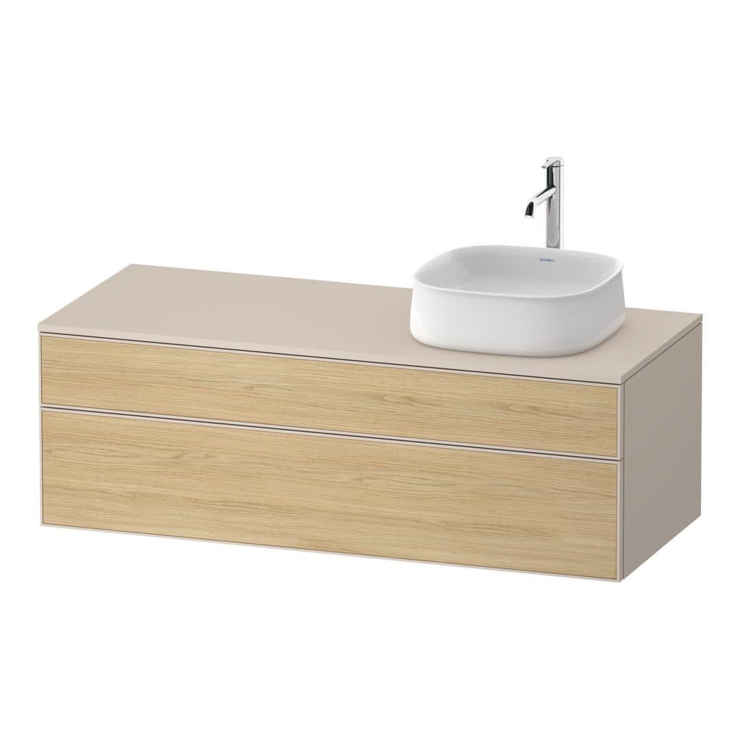 Duravit Zencha – Έπιπλο Νιπτήρα – 1300 mm, για κονσόλα, 2 συρτάρια, νιπτήρας δεξιά, σώμα Taupe Super Matt, 1300 x 550 x 442 mm – Natural oak, Decor (ZE4822R30830000)