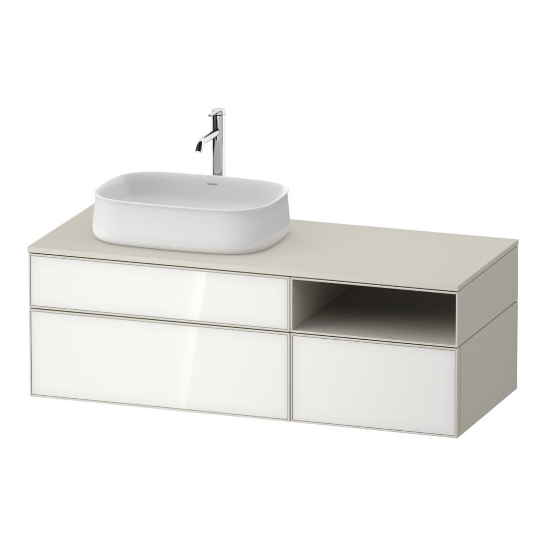 Duravit Zencha – Έπιπλο Νιπτήρα – 1300 mm, για κονσόλα, 3 συρτάρια, νιπτήρας αριστερά, σώμα Taupe Super Matt – White, Glass (ZE4828064830000)