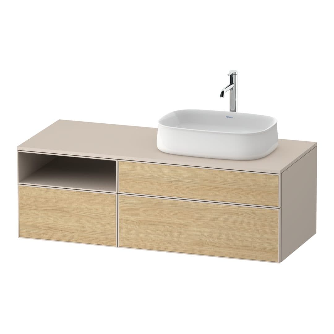 Duravit Zencha – Έπιπλο Νιπτήρα – 1300 mm, για κονσόλα, 3 συρτάρια, νιπτήρας δεξιά, σώμα Taupe Super Matt – Natural oak, Decor (ZE4829030830000)