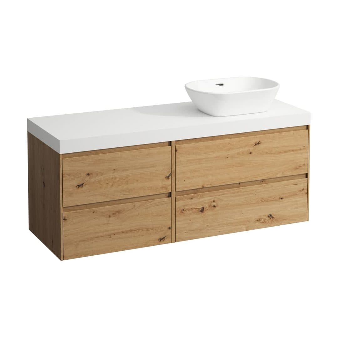 Laufen LANI – Έπιπλο Νιπτήρα – 1370 mm, 4 συρτάρια, πάγκος White Matt, 800 δεξιά + 600 αριστερά, άνοιγμα δεξιά – Wild oak (H4045831122671)