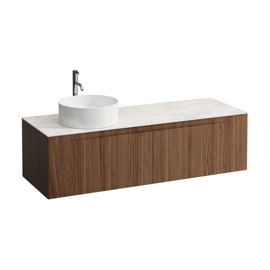 Laufen ARUN – Έπιπλο Νιπτήρα – 1405 mm, 2 συρτάρια, πάγκος Botticino Crema, άνοιγμα αριστερά, με οπή μπαταρίας – Noce canaletto - Real wood veneer (H4171361516301)