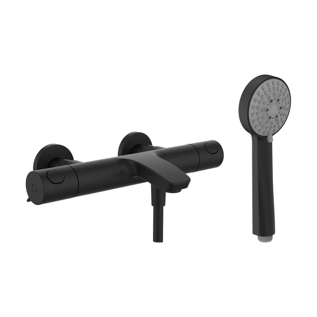 Laufen THERM – Μπαταρία Λουτρού Τοίχου – προεξοχή 170 mm, σωλήνας 1500 mm, 3 ροές, με τηλέφωνο ντους – PVD Titanium black matt (HF506561428600)